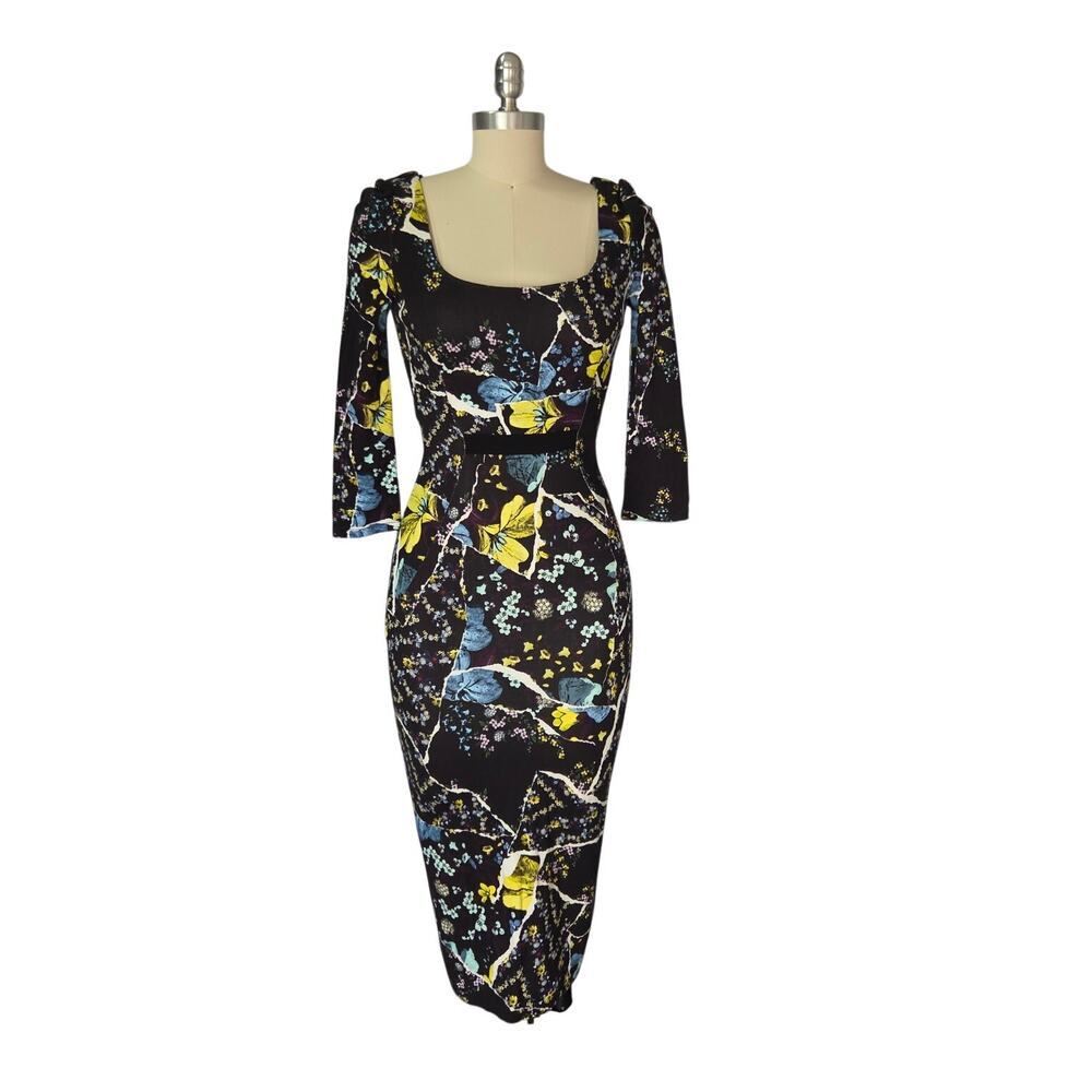 Erdem Tess Dress Size US 2 Floral Print Ponte Knit Black ASO Royals Sheath